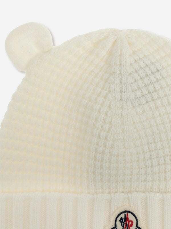 Moncler Enfant Baby Wool Beanie Hat with Ears in Ivory