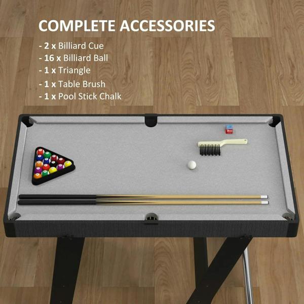 Grey pool table tray with two cues, 16 balls, triangle, brush, and pool stick chalk.