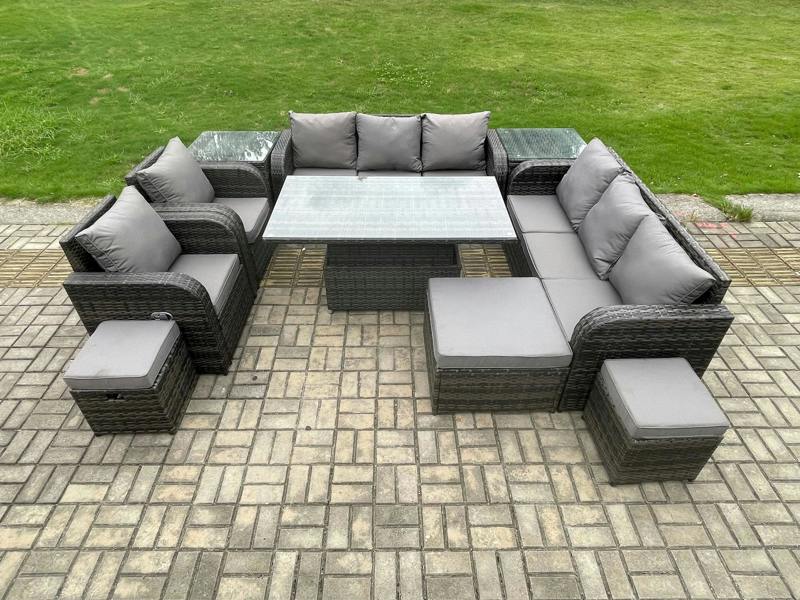 Fimous 11 Seater Rattan Garden Furniture Patio Set, Adjustable Height Dining Table Sofa, Reclining Chair, 2 Side Tables, 3 Footstools, Dark Grey Mixed