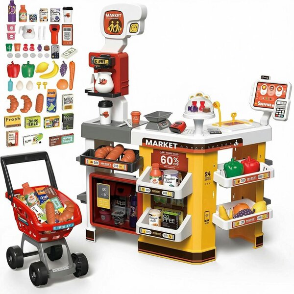 deAO Toys 65 PCS Grocery Store Playset Pretend Supermarket Playset for Kids w/ Shopping Cart Cash Register Play Food Accessories