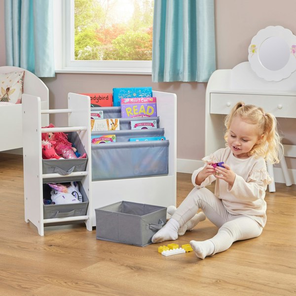 TFLH2001-white-book-display-unit-with-3-fabric-storage-boxes-lifestyle-girl-1