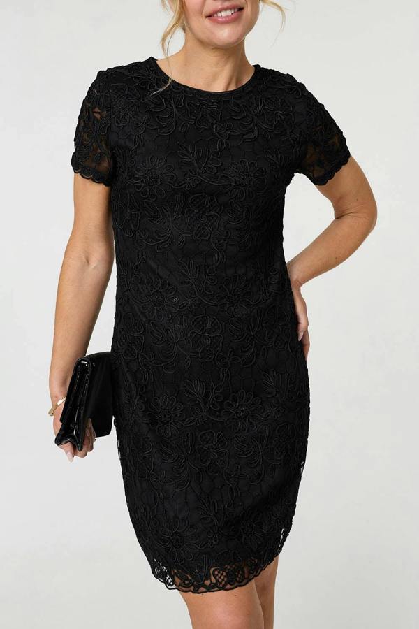 Black | Floral Lace Layer Knee Length Dress
