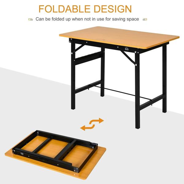 Foldable work bench with orange MDF top and black frame, fold-up storage base