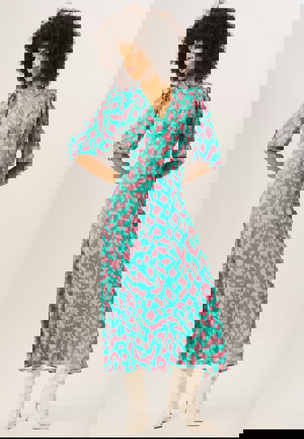 Gini London Green Animal Print V Neck Shift Midi Dress