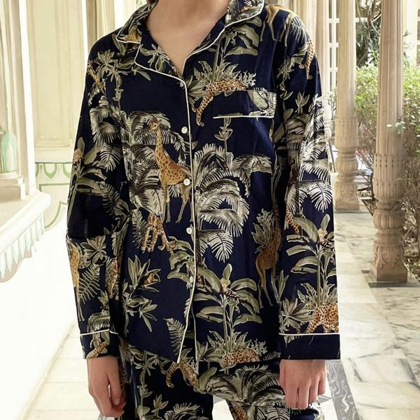 Hayley & Co Giraffe Print 100% Cotton Long Pyjama Set in Dark Blue