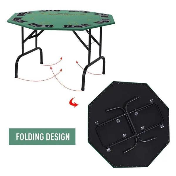 Green folding poker table with black steel frame and visible underside folding hardware