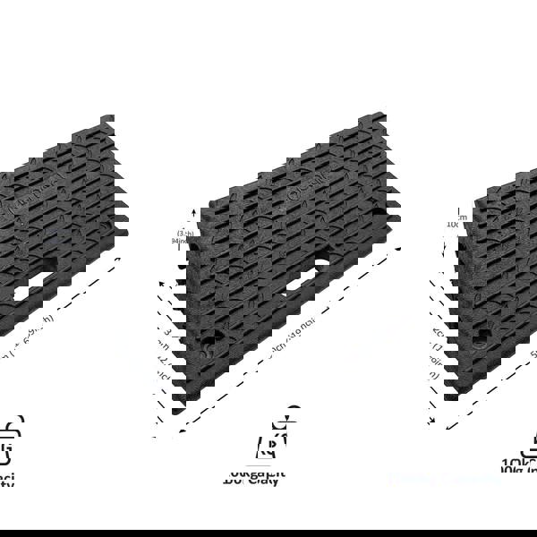 Black rubber kerb ramp with measurements and weight details on a white background