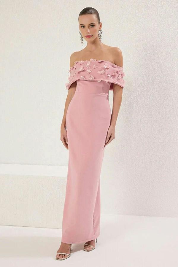 WOVCOR Carmen Collar Woven Long Dress with Floral Applique Detail