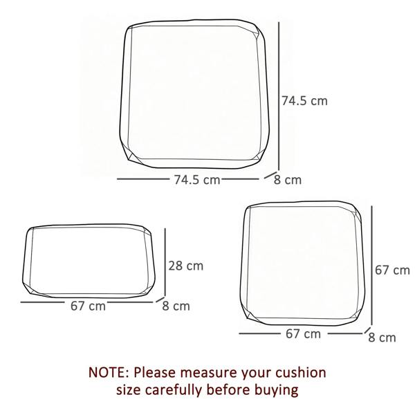 Deep grey cushion cover size guide diagram, multiple seat and back shapes