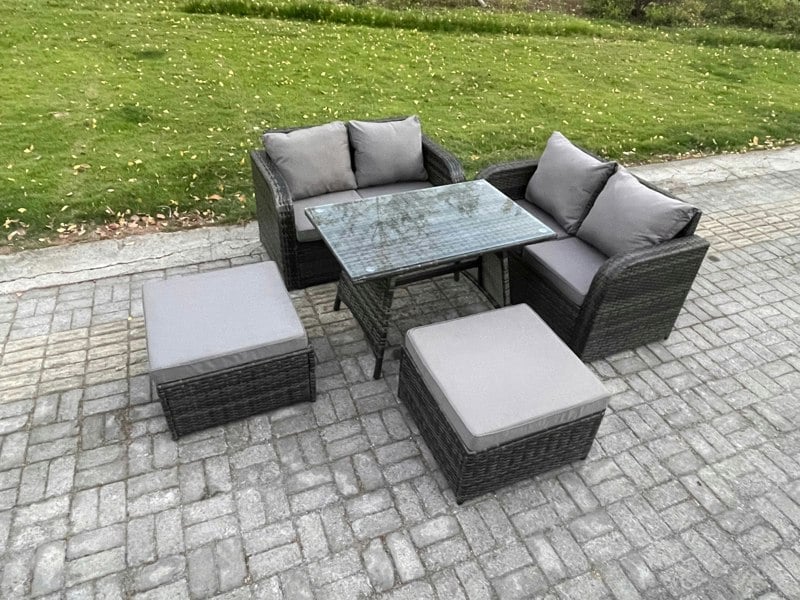 Fimous Outdoor Garden Furniture Sets 5 Pieces Wicker Rattan Furniture Sofa Sets with Rectangular Dining Table Love Sofa 2 Big Footstool