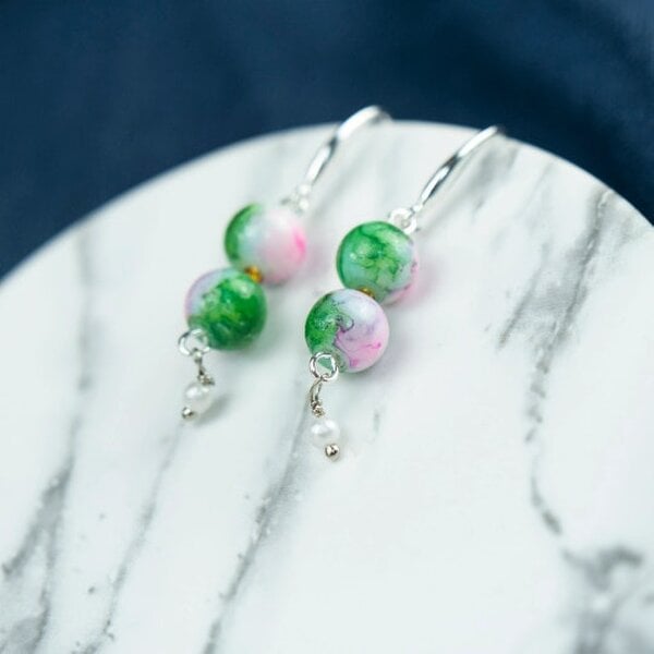 The Colourful Aura Colourful Orange Double Marble Pearl Double Simple Pearl Dangle Dainty Earrings - Pink - Pink