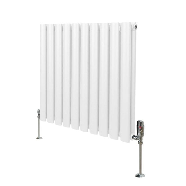 White oval column radiator with vertical fins, measuring 600mm x 600mm, featuring chrome valves and a sleek, modern design