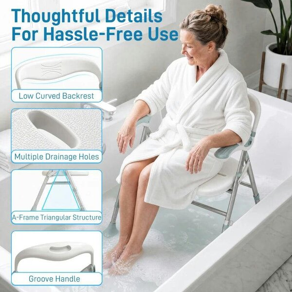 Foldable Shower Chair with Flip-Up Armrests, Shower Stool with Adjustable Height, Tool-Free Assembly, 136 kg