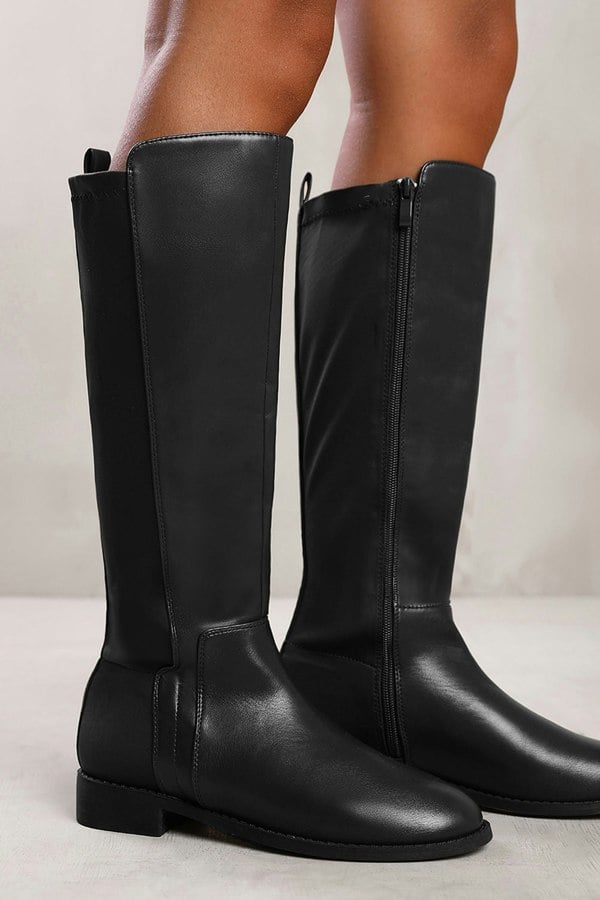 Where's That From Shiloh Knee High Boots With Side Zip in Black Faux Leather