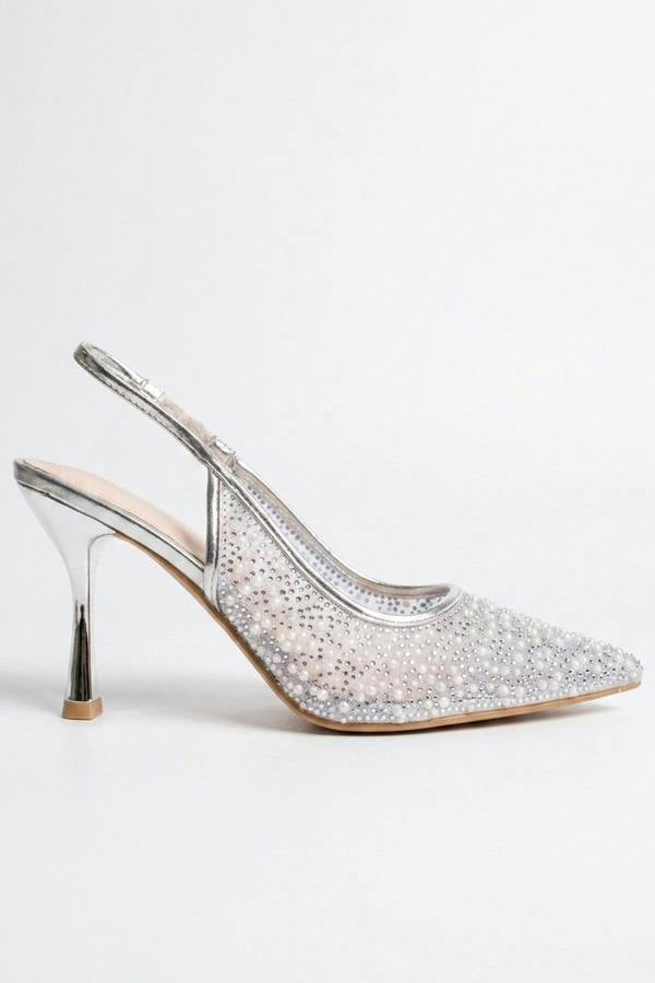 Cordelia Embellished Mesh Pointed Toe Heels - Silver