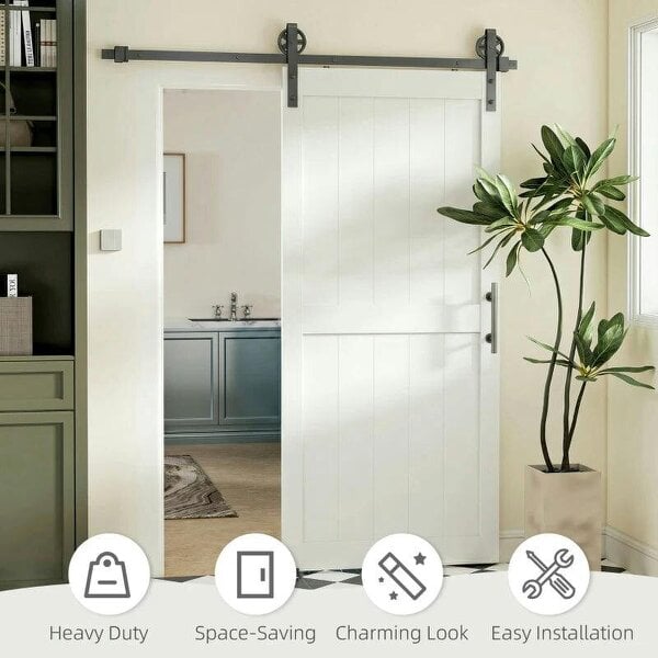 183cm Sliding Barn Door Kit, Sliding Door with Track, Hardware, Upgraded Rollers and Floor Guide, Handle, White