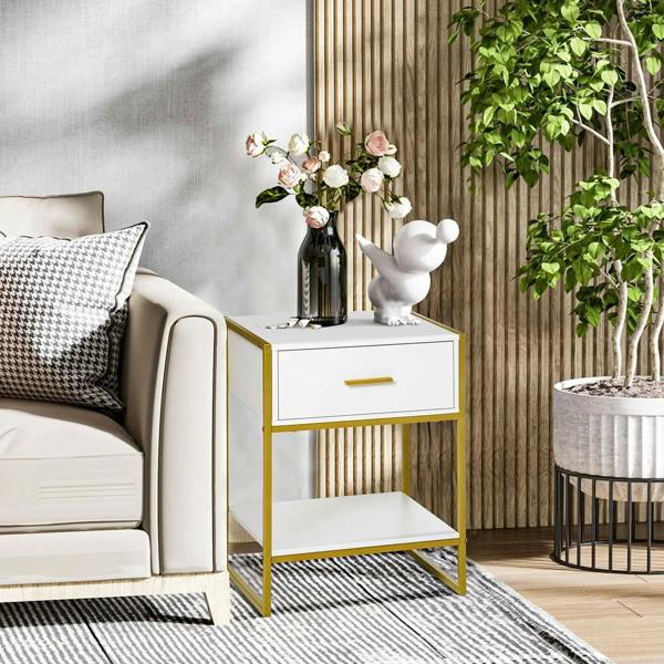 White bedside table with gold frame, single drawer, and open lower shelf.