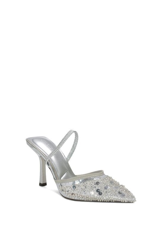 XY LONDON Slingback Stiletto High Heel Rhinestone Embellished Court Shoes