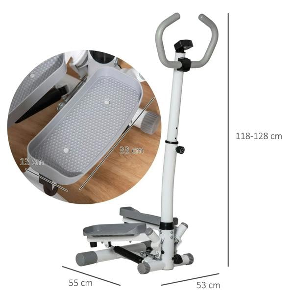 Adjustable twist stepper with gray twist pedal platform, white frame, and handlebar supports