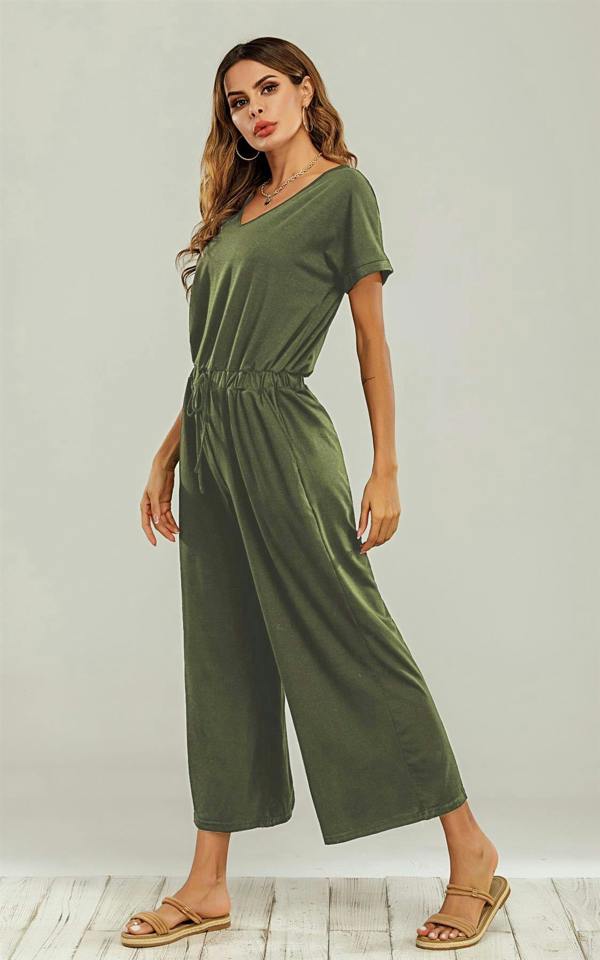 FS Collection Olive Green Loose Jumpsuit With Short Sleeve