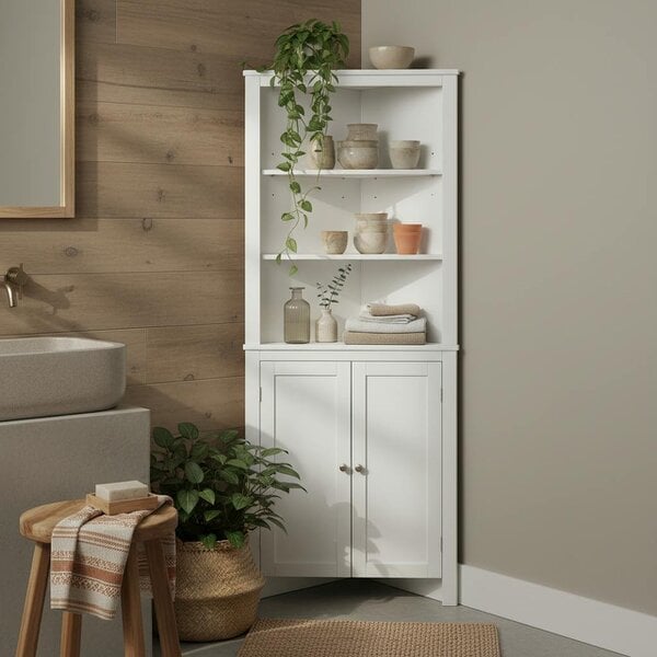 Wyld Haus Dotre Corner Bathroom Storage Cabinet With Cupboard And 3 Tier Shelves White