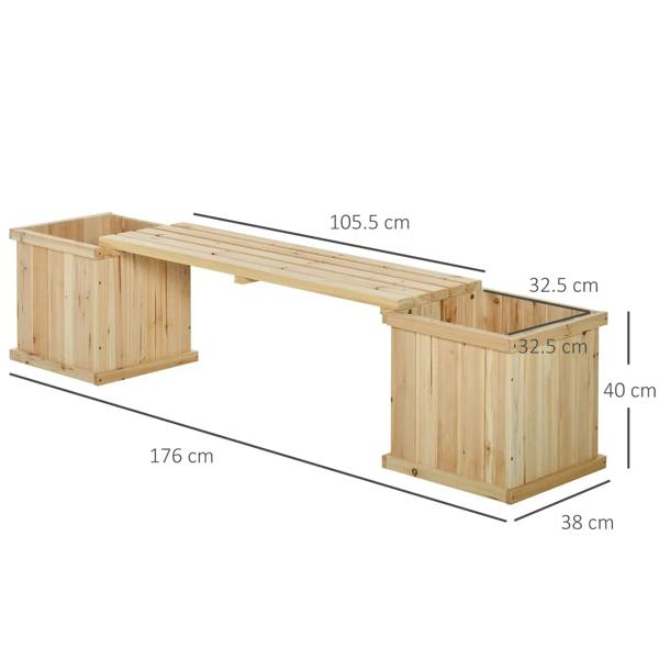 Natural wooden planter and bench combo with labeled dimensions, long bench and two boxes