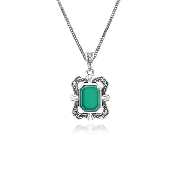 Art Deco Style Baguette Chalcedony and Marcasite Pendant Necklace in Sterling Silver 214P334501925 