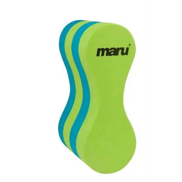 Brightly coloured junior Maru pull buoy in lime green and teal blue with rounded design