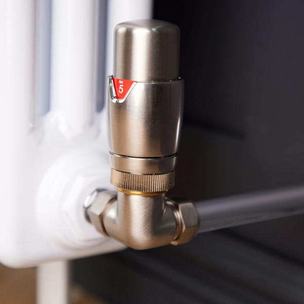 Flode Corner Round Thermostatic TRV & Lockshield 15mm x 1/2″ | Brushed Steel