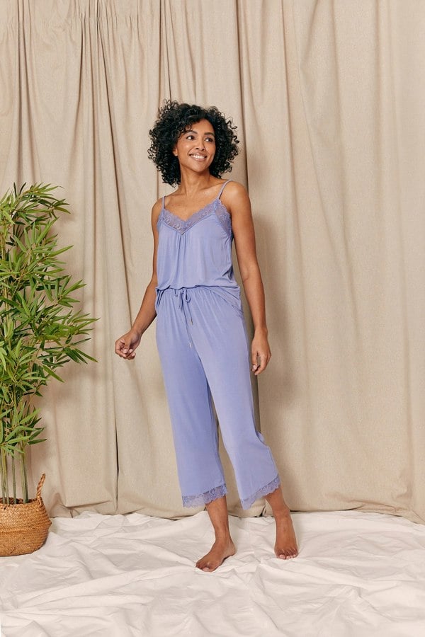 Pretty You London Women's Bamboo Lace Cami Cropped Trouser Pyjama Set in Heather