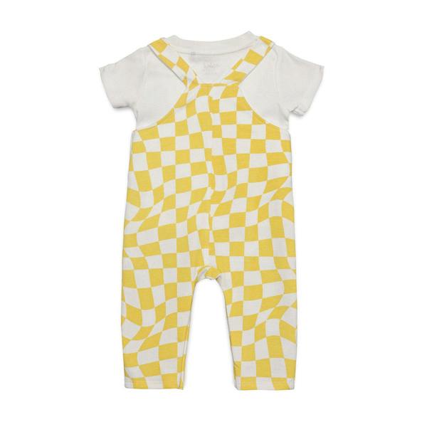 Mini Cuddles Baby Boys Checked Dungaree Set With Bunny Applique, Yellow