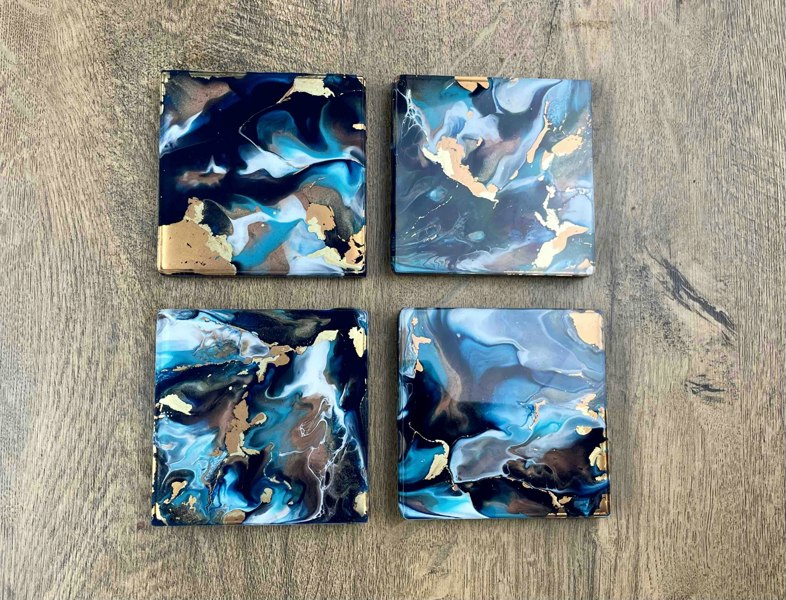 Kate Chesters Art Blue Bronze Gold Abstract Art Set of 4 Drinks Coasters