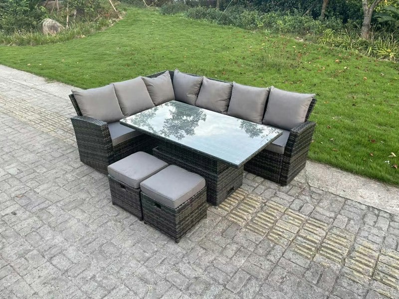Fimous High Back Rattan Garden Furniture Corner Sofa Sets Adjustable Rising Table Dark Mixed Grey 8 seater left corner