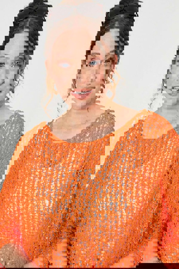 Orange | Crochet Knit Texture Batwing Sleeve Top
