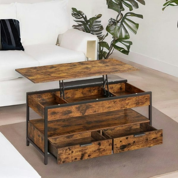 Rafaelo Mobilia Industrial Large Lift Top Coffee Table With Drawers Rustic Brown