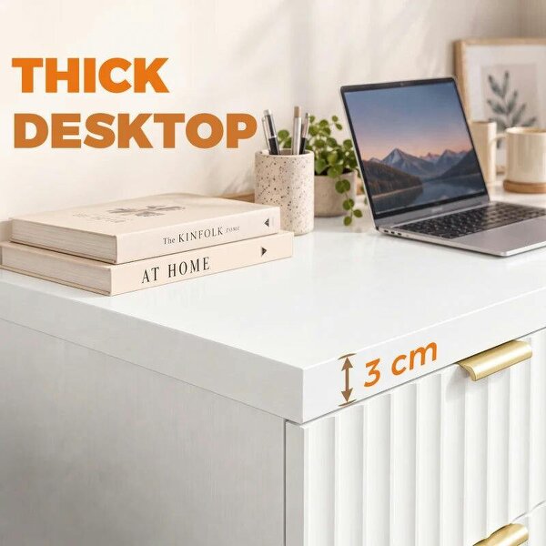 Computer Desk with Drawer, 120 cm Reversible Office Desk, Cabinet, Adjustable Shelf, Thick Top, White
