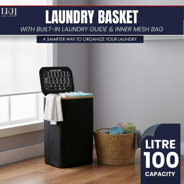 LKH HOME COLLECTION LKH Laundry Basket with Lid 100 Litre-600D Polyester Clothes Hamper-Laundry with Bamboo Handles-44x33x70cm