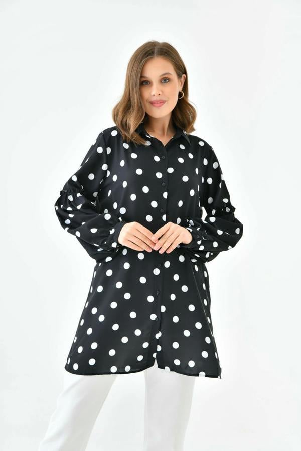 Hoxton Gal Oversized Balloon Sleeves Shirt Tunic with Polka Dot Print in Black and White