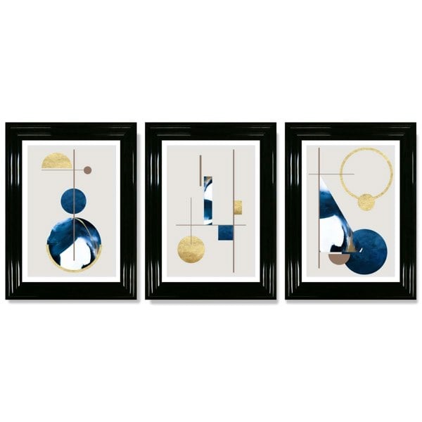 Artze Wall Art Abstract Set of 3 Textured Geometric Framed Prints in Navy Blue and Gold