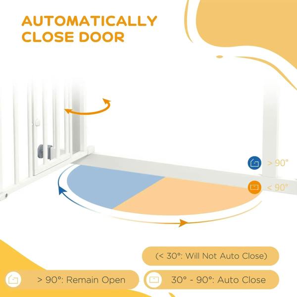 White stair gate with auto-close door feature shown by motion arrows.