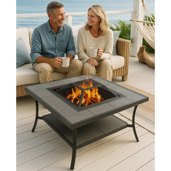 Centurion Supports SHANGO Premium Multi-Functional Black with Ceramic Tiles Outdoor Garden and Patio Square Heater Fire Pit Brazier and Outdoor Table