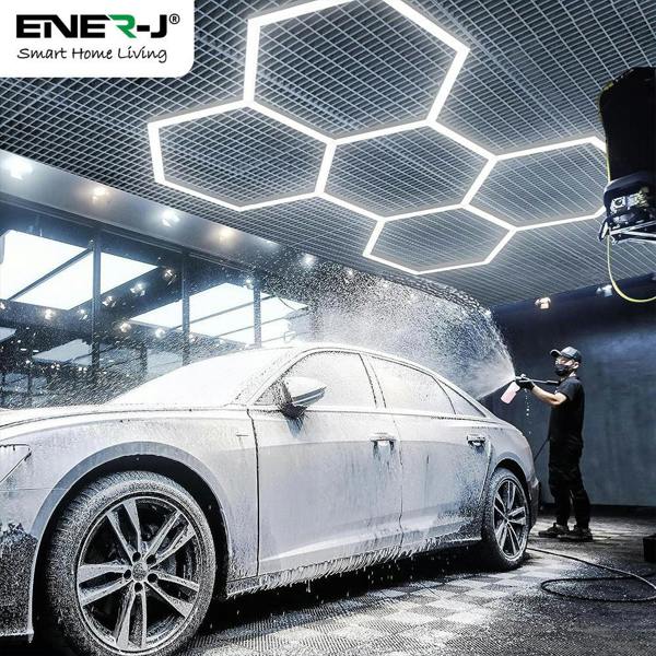 Ener-J 160W Hexagon LED Garage Ceiling Light, 5 Hexagon Design, CCT Switchable 3000K–6500K, Modular Showroom Lighting