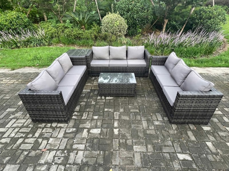 Fimous 9 Seater Outdoor Lounge Sofa Set Wicker PE Rattan Garden Furniture Set with Oblong Coffee Table Side Table Dark Grey Mixed