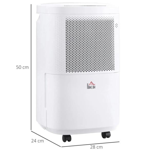 White compact dehumidifier with front vent and caster wheels, shown with size outline