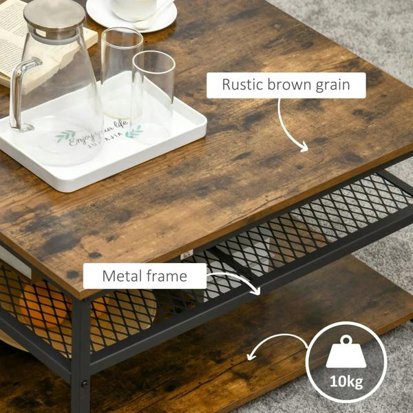 Rustic brown wood-grain tabletop on black metal coffee table frame