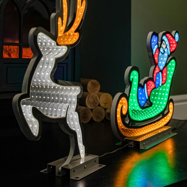 Samuel Alexander 75cm Infinity Santa in Sleigh with Reindeer on Metal Base and Multi-Coloured LEDs