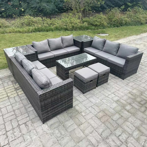Fimous Outdoor Rattan 11 Seater Lounge Sofa Set with Rectangular Coffee Table & 2 Side Tables, 2 Stools