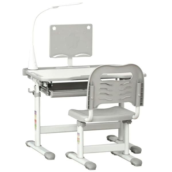 Grey kids study desk and chair set with adjustable height and storage tray