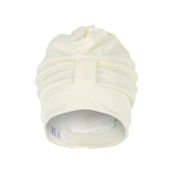 Cream-colored pleated draped fabric swim cap with white ribbon tie