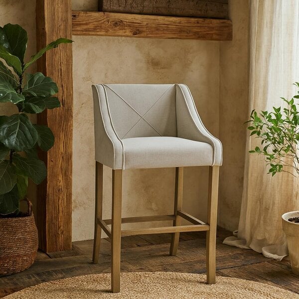 Wyld Haus Perugia Modern Upholstered Bar Stool with Rustic Wooden Legs